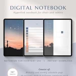 以下が含まれることがあります： iPad およびタブレット用のデジタルノートブック。画像には、デジタルノートブックのさまざまなページが表示されている 3 つのタブレットが表示されています。ノートブックには、187 ページ、月間および週間スケジュール ページ、10 セクション (各 11 テンプレート) が含まれています。