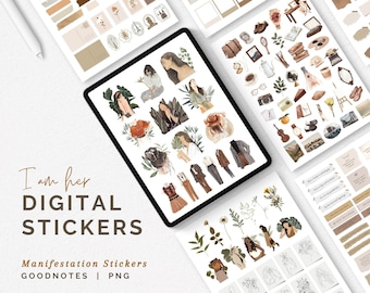 May include: Digital stickers for the Goodnotes app. The stickers feature illustrations of women, flowers, and other nature-inspired elements in a neutral colour palette. The text "I am her DIGITAL STICKERS" and "Manifestation Stickers GOODNOTES | PNG" is included in the image.