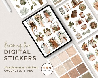 May include: Digital stickers for Goodnotes featuring illustrations of women in various poses, plants, and other decorative elements. The stickers are designed for manifestation and goal setting. The text "Becoming her DIGITAL STICKERS" and "Manifestation Stickers GOODNOTES | PNG" is included in the image.