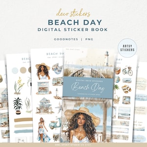 May include: Digital sticker book for Goodnotes app with a beach theme. The cover features a woman with long brown hair wearing a straw hat and a white dress. The stickers include illustrations of a beach scene, a lighthouse, a coconut, a bicycle, sandals, and more.