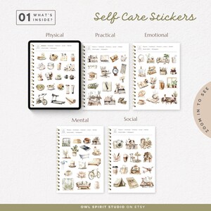 May include: A set of watercolour stickers featuring illustrations of self-care activities, categorised by physical, practical, mental, social, and emotional. The stickers are designed for use in planners, journals, and other paper goods.