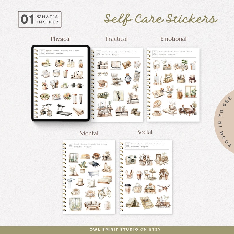 May include: A set of watercolour stickers featuring illustrations of self-care activities, categorised by physical, practical, mental, social, and emotional. The stickers are designed for use in planners, journals, and other paper goods.