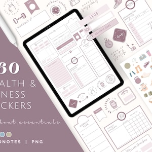May include: A set of 460 health and fitness stickers for Goodnotes. The stickers are in a variety of colors and designs, including workout routines, calorie goals, measurement progress, and more. The stickers are perfect for organizing your health and fitness goals.