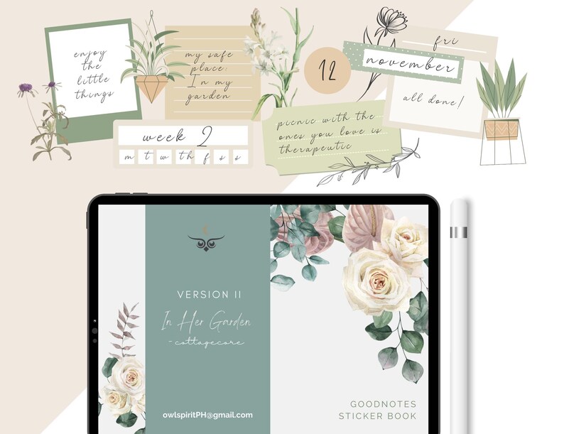 May include: A digital planner sticker book with a green and white floral design. The cover features the text "VERSION II In Her Garden -cottagecore" and the email address "owlspiritPH@gmail.com". The sticker book is designed for use with the Goodnotes app.