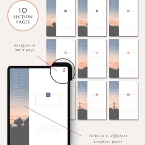 May include: A digital planner template displayed on a tablet, featuring 10 section pages and links to 11 different template pages. The design includes a soft color palette with a sunset background and text labels.