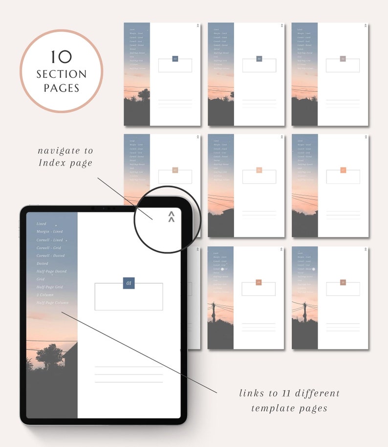 May include: A digital planner template displayed on a tablet, featuring 10 section pages and links to 11 different template pages. The design includes a soft color palette with a sunset background and text labels.