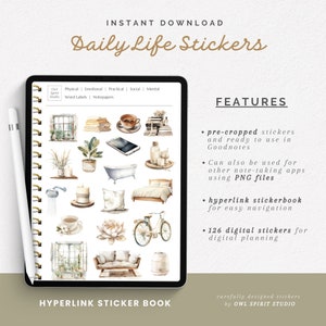 May include: A digital planner sticker pack with 126 watercolour illustrations of everyday life objects, including a bathtub, a bicycle, a window, a book, a candle, a plant, and a cup of coffee. The stickers are pre-cropped and ready to use in Goodnotes and other note-taking apps.