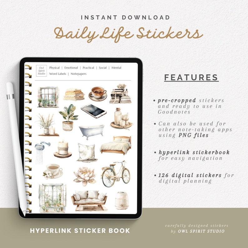 May include: A digital planner sticker pack with 126 watercolour illustrations of everyday life objects, including a bathtub, a bicycle, a window, a book, a candle, a plant, and a cup of coffee. The stickers are pre-cropped and ready to use in Goodnotes and other note-taking apps.