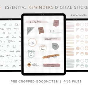 May include: A digital planner sticker set with 300 pre-cropped Goodnotes PNG files. The stickers are in various shapes and sizes, including circles, squares, rectangles, and flags. The stickers are in a variety of colours, including beige, brown, green, and grey. The stickers feature text such as "Saturday", "Read Books", "Deadline", "Order Arrives", "Rest Day", "To Do", "Bill Due", "Even Small Victories Take Time", "Take Medicine 2pm", "Appointment", "Cancelled", and "Art Day".