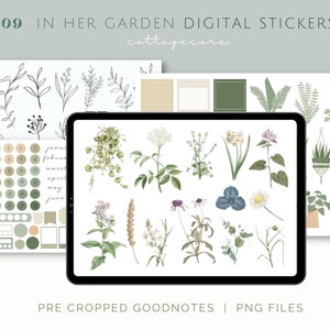 Adesivi Goodnotes "In Her Garden" / Adesivi botanici, a tema Cottagecore, per planner digitali da giardino, PNG, Clipart e libro di adesivi Goodnotes