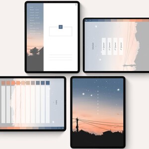 May include: Four digital tablet screens displaying notebook templates. The screens feature a color palette, a schedule, and a notebook page with the word "notebook" vertically. The background includes a sunset and a starry sky.