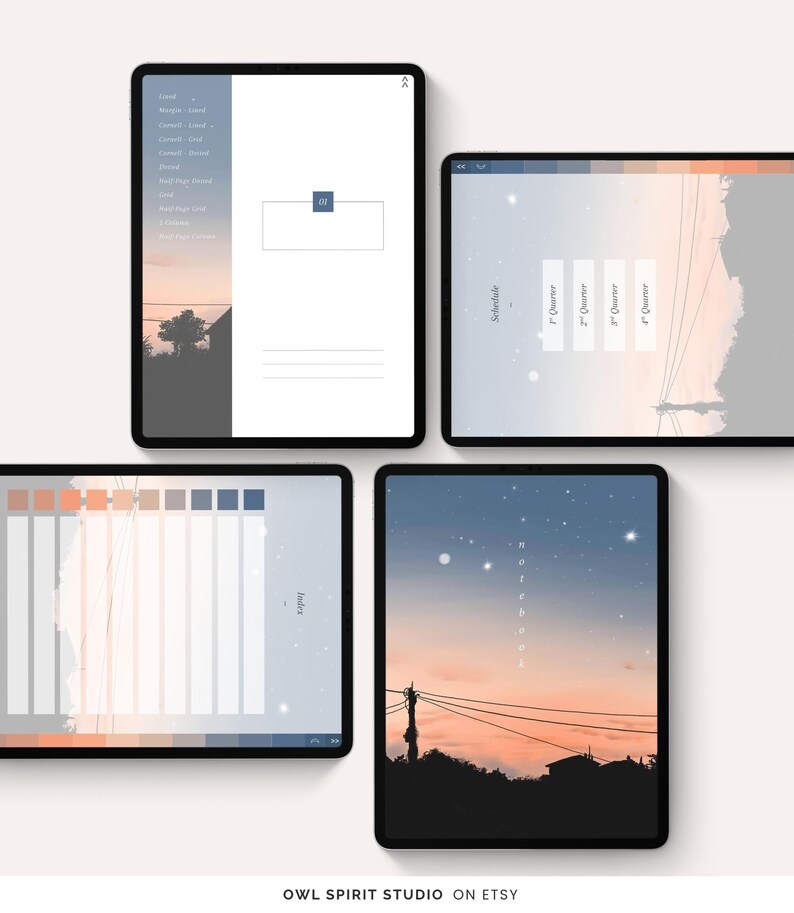 May include: Four digital tablet screens displaying notebook templates. The screens feature a color palette, a schedule, and a notebook page with the word "notebook" vertically. The background includes a sunset and a starry sky.
