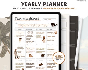 May include: A digital yearly planner displayed on a tablet, with a clean, minimalist design. The planner includes sections for each month, with space for notes and a "Year at a Glance" section. The text "Yearly Planner" is at the top.