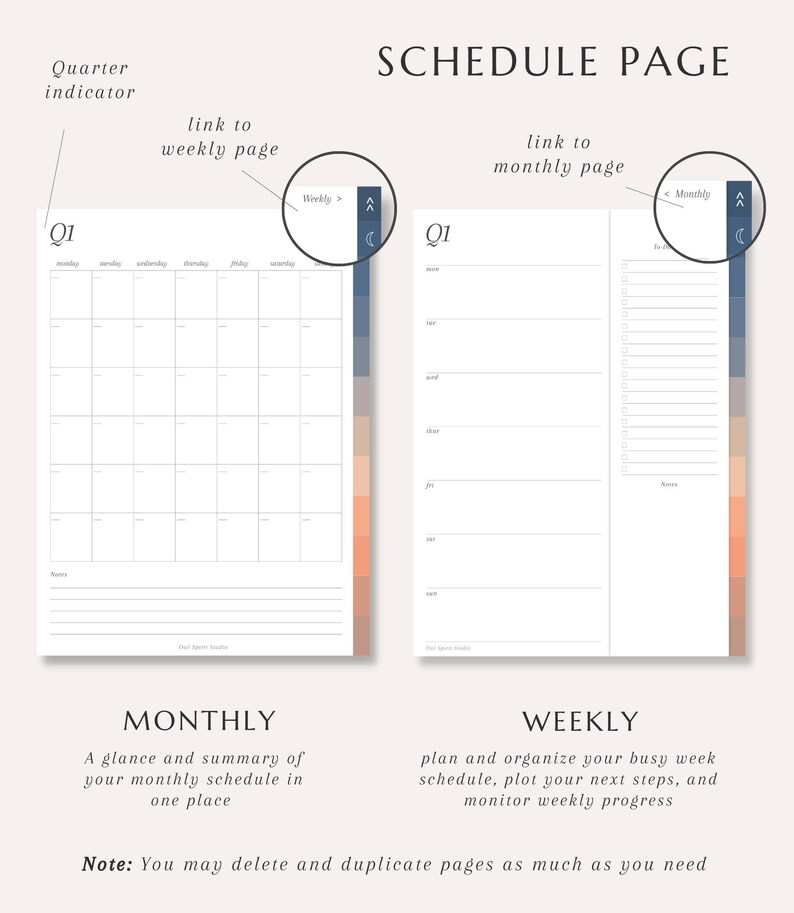May include: A schedule page with monthly and weekly planner layouts. The monthly layout features a calendar grid, while the weekly layout includes a daily schedule and a notes section. The page has a neutral color palette with text that reads "SCHEDULE PAGE".