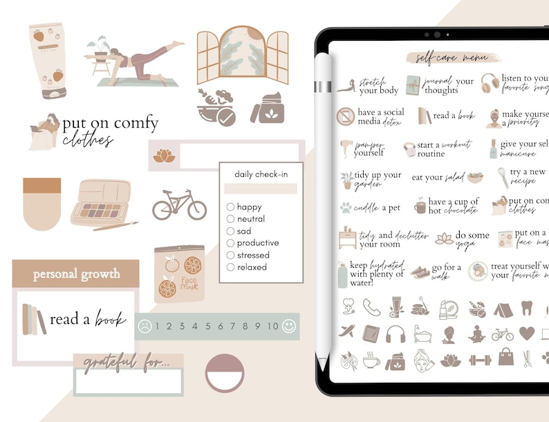 May include: A digital planner with a self-care menu, daily check-in, and personal growth sections. The planner features illustrations of yoga, gardening, reading, and other activities. The planner is designed in a minimalist style with a beige and green color scheme.