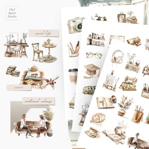 May include: A set of watercolour stickers featuring various illustrations, including a coffee cup, a graduation cap, a sewing machine, a potted plant, a book, a camera, a pair of glasses, a pair of headphones, a shoe, a stack of money, a paint palette, a teacup, and more. The stickers are organised into three categories: social life, unwind, and emotional release. The stickers are perfect for adding a touch of whimsy and personality to planners, journals, and other paper crafts.