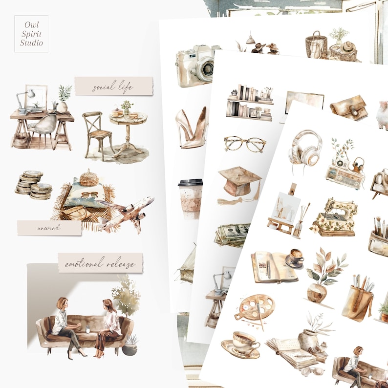 May include: A set of watercolour stickers featuring various illustrations, including a coffee cup, a graduation cap, a sewing machine, a potted plant, a book, a camera, a pair of glasses, a pair of headphones, a shoe, a stack of money, a paint palette, a teacup, and more. The stickers are organised into three categories: social life, unwind, and emotional release. The stickers are perfect for adding a touch of whimsy and personality to planners, journals, and other paper crafts.
