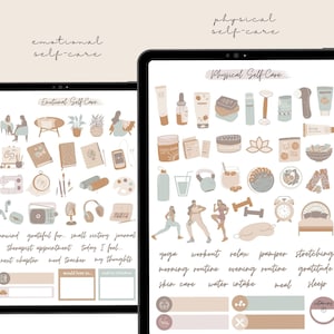 May include: Two digital tablet screens displaying digital stickers for self-care. The left screen shows stickers for emotional self-care, including a therapist, journal, and mood tracker. The right screen shows stickers for physical self-care, including yoga, workout, and sleep. The stickers are in a light brown and blue color scheme.