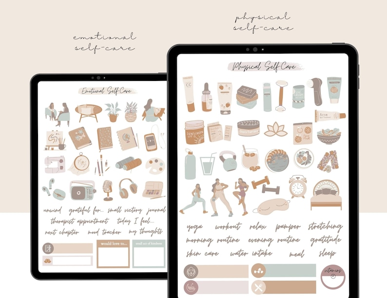 May include: Two digital tablet screens displaying digital stickers for self-care. The left screen shows stickers for emotional self-care, including a therapist, journal, and mood tracker. The right screen shows stickers for physical self-care, including yoga, workout, and sleep. The stickers are in a light brown and blue color scheme.