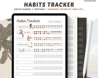 May include: Digital habit tracker with the title "HABITS TRACKER" and the text "DIGITAL PLANNER | PRINTABLE | GOONOTES, NOTABILITY, XODO, ETC..". The tracker includes sections for daily habits, with illustrations and the text "Apply Sunscreen", "Read Book", "Workout", "Wake up @6am", and "Fasting".