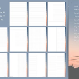 May include: A collection of 11 different template pages for note-taking or planning. The templates include lined, margin-lined, Cornell-lined, Cornell-grid, Cornell-dotted, dotted, half-page dotted, grid, half-page grid, 2-column, and half-page column.