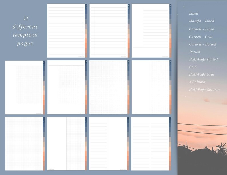 May include: A collection of 11 different template pages for note-taking or planning. The templates include lined, margin-lined, Cornell-lined, Cornell-grid, Cornell-dotted, dotted, half-page dotted, grid, half-page grid, 2-column, and half-page column.