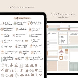 May include: A digital planner with a self-care menu and labels and sticky notes. The self-care menu includes activities like stretching, journaling, reading, and pampering. The labels and sticky notes are in various colors and shapes, including circles, squares, and rectangles.