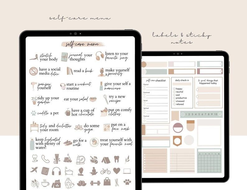 May include: A digital planner with a self-care menu and labels and sticky notes. The self-care menu includes activities like stretching, journaling, reading, and pampering. The labels and sticky notes are in various colors and shapes, including circles, squares, and rectangles.