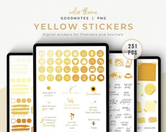 May include: A set of 251 yellow digital stickers for planners and journals. The stickers feature various icons, illustrations, and text, including a sunflower, a bee, a cup of coffee, and the words "daily dose of serotonin" and "don't let your glow fade".