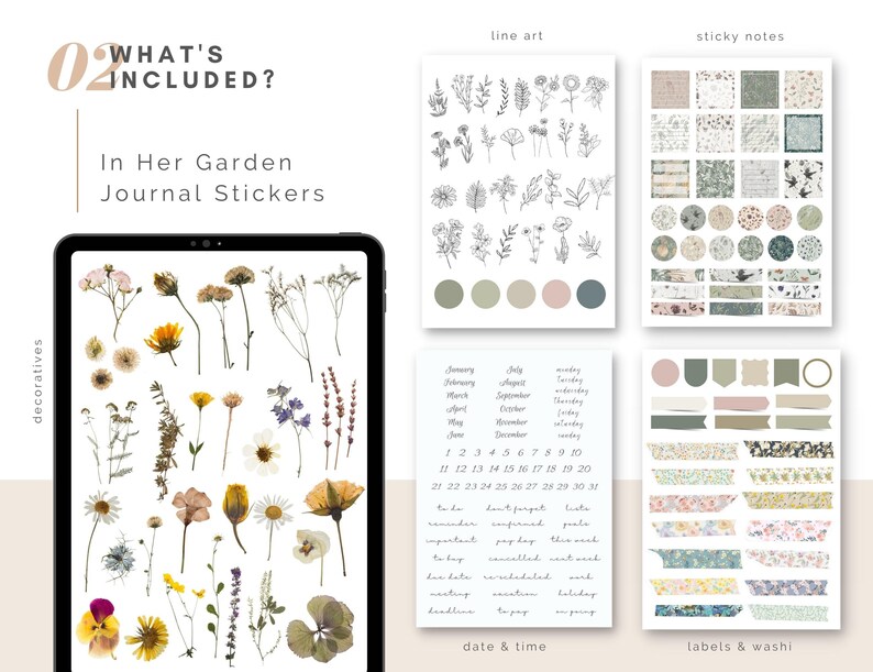 May include: A digital tablet screen displaying a variety of floral stickers for journaling. The stickers include pressed flowers, line art, washi tape, and sticky notes. The text "In Her Garden Journal Stickers" is displayed at the top of the screen.