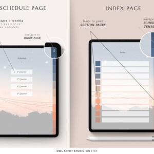 May include: Two digital planner pages on a tablet. The "Schedule Page" shows options for each quarter. The "Index Page" has links to section pages. The text includes "Schedule Page", "Index Page", and "OWL SPIRIT STUDIO ON ETSY".