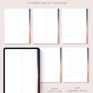 May include: Digital planner templates with grid and dotted layouts. The image shows several white pages with different grid and dot patterns, including Cornell notes and half-page options. The title "GRID & DOTTED TEMPLATES" is at the top, with "11 template pages per section page" below.