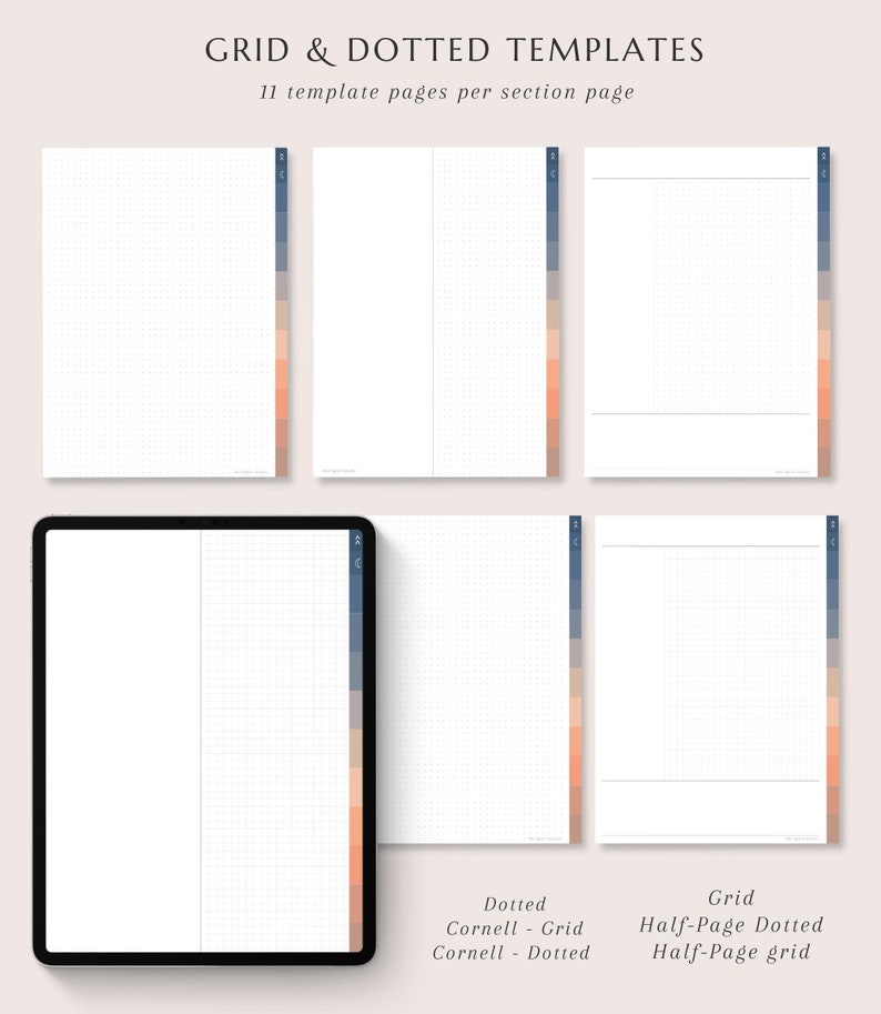 May include: Digital planner templates with grid and dotted layouts. The image shows several white pages with different grid and dot patterns, including Cornell notes and half-page options. The title "GRID & DOTTED TEMPLATES" is at the top, with "11 template pages per section page" below.