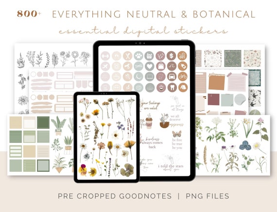 Neutral and Botanical Sticker Bundle, Essential Digital Stickers, Pre-cropped Goodnotes Stickers Planner Stickers Pressed Botanical Stickers