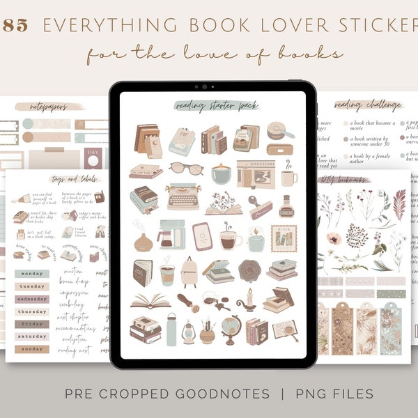 Book Lover Digital Stickers for Goodnotes | Bookworm Stickers, Wellness Stickers in Neutral Color, Goodnotes Stickers, PNG, Books Stickers