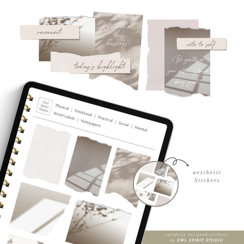 May include: A set of aesthetic stickers with a neutral colour palette. The stickers feature various designs, including a note to self, a quote about self-care, and a design with the text "today's highlight". The stickers are designed to be used in a planner or journal.