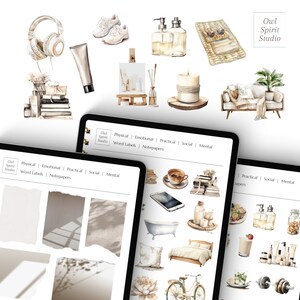 May include: A set of digital planner stickers featuring watercolour illustrations of various objects, including a sofa, a bath, a bed, a bicycle, a candle, a stack of books, a potted plant, a pair of headphones, a pair of trainers, a bottle of hand soap, a glass of milk, a dumbbell, a phone, a cup of coffee, and a plate of fruit. The stickers are labelled with the words "Physical", "Emotional", "Practical", "Social", and "Mental".