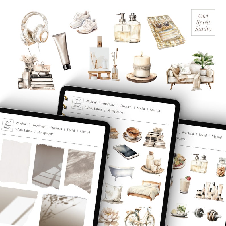 May include: A set of digital planner stickers featuring watercolour illustrations of various objects, including a sofa, a bath, a bed, a bicycle, a candle, a stack of books, a potted plant, a pair of headphones, a pair of trainers, a bottle of hand soap, a glass of milk, a dumbbell, a phone, a cup of coffee, and a plate of fruit. The stickers are labelled with the words "Physical", "Emotional", "Practical", "Social", and "Mental".