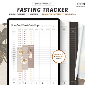 May include: Printable digital planner for tracking intermittent fasting. The planner includes a weekly schedule with time slots for each day, labeled "fast" or "first meal" or "last meal". The planner also includes a section for notes and a section for tracking water intake.