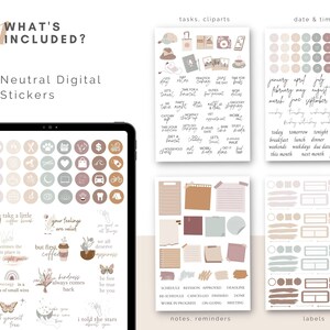 May include: A digital sticker set with a neutral color palette. The set includes icons, quotes, tasks, cliparts, dates, and labels. The stickers are designed for use in digital planners and journals.