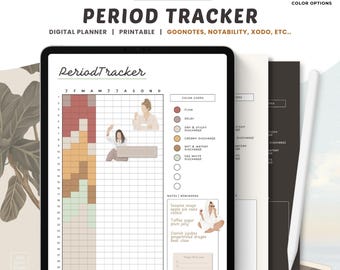 May include: Digital period tracker displayed on a tablet. The screen shows a calendar with color-coded sections and illustrations. Text includes "Period Tracker," "Digital Planner," and "Color Options."