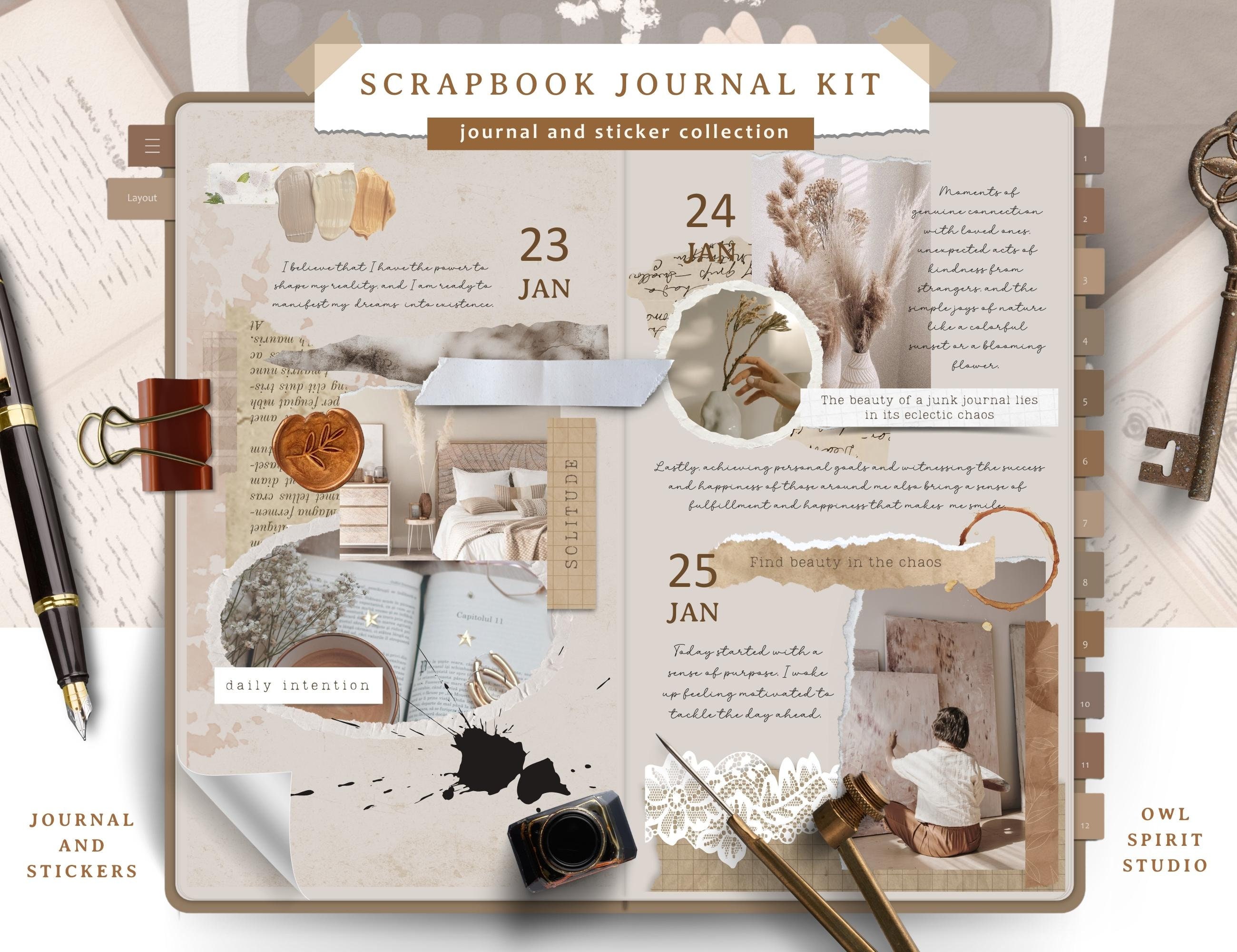 Kit Scrapbooking Vintage 345 Pièces – Papier Esthétique Bullet Journal, Autocollants, Carnet A6 Grille
