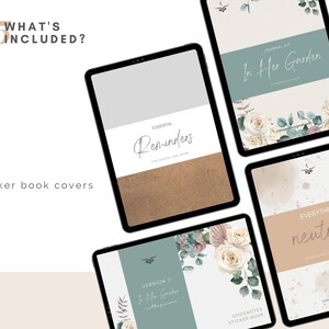 May include: Five different Goodnotes sticker book covers. The covers feature a variety of designs, including floral patterns, watercolor backgrounds, and minimalist text. The text on the covers includes "In Her Garden", "Essential Reminders", "Version II In Her Garden", "Goodnotes Sticker Book", and "Everything Neutral Goodnotes Sticker Book".
