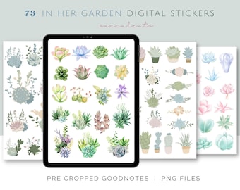 May include: Digital sticker set featuring 73 watercolor succulent designs. The stickers include various green, blue, and purple succulents, cacti, and floral arrangements. The image includes a tablet displaying the stickers and additional sticker sheets. Text on the image reads "In Her Garden Digital Stickers".