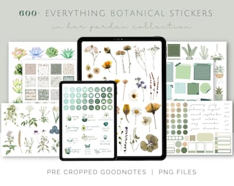 May include: A digital planner screen displaying a collection of 600+ botanical stickers for Goodnotes. The stickers feature a variety of plants, flowers, and leaves in green, brown, and white. The text "600+ EVERYTHING BOTANICAL STICKERS in her garden collection" is at the top of the screen. The text "PRE CROPPED GOODNOTES | PNG FILES" is at the bottom of the screen.