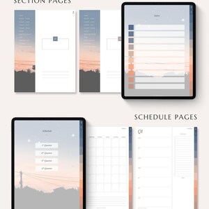 May include: Digital planner pages displayed on tablets and printed sheets. The pages feature a soft color palette with a sunset-inspired background. The planner includes section pages, an index, schedule pages, and a quarterly overview.