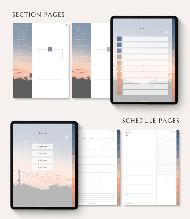 May include: Digital planner pages displayed on tablets and printed sheets. The pages feature a soft color palette with a sunset-inspired background. The planner includes section pages, an index, schedule pages, and a quarterly overview.
