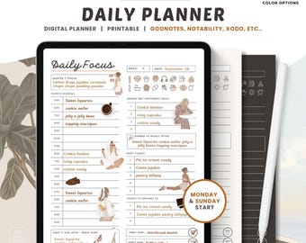 May include: A digital daily planner template with a brown and beige color scheme. The planner includes sections for quotes, a daily schedule, boring but necessary tasks, reward to myself after, don't forget, people to respond to, and habit goals. The planner also includes a section for Monday and Sunday start.