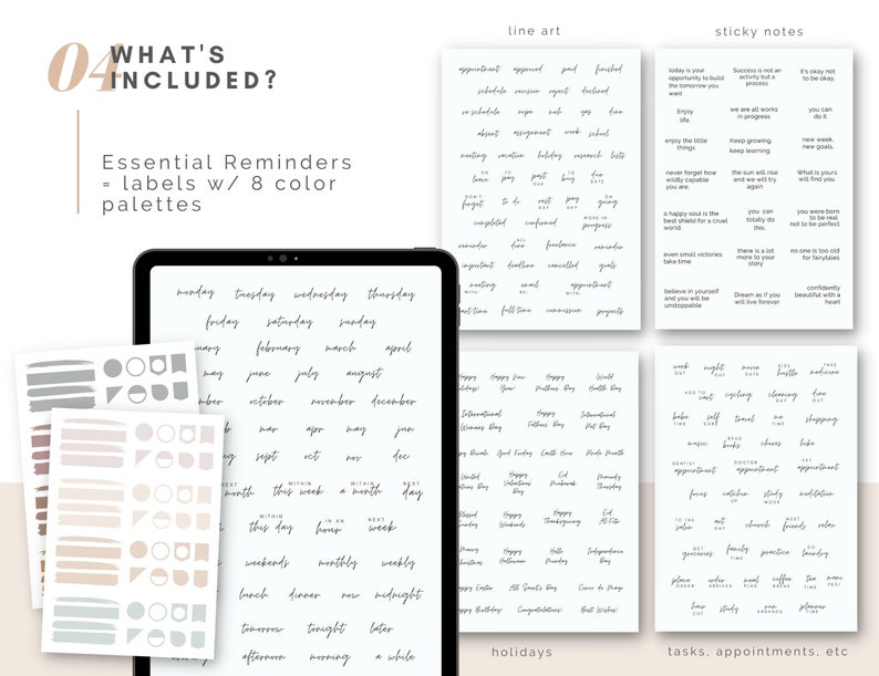 May include: A digital planner with a variety of stickers for organizing and planning. The stickers include days of the week, months of the year, holidays, tasks, appointments, and more. The stickers are in a variety of colors and styles.