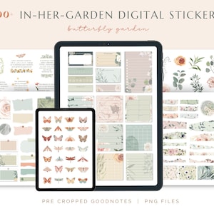 In ihrem Garten Schmetterling und Blumen Goodnotes-Aufkleber | Botanische, Garten-Digital-Sticker, Cliparts & Pre-cropped, Blumengarten
